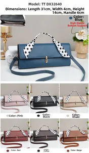Detailed size chart for rectangular crossbody bag with scarf handle in seven colors