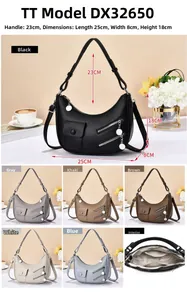 Detailed view showing bag dimensions 25x8x18cm and various color options for women