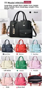 Detaillierte Größenangaben für eine PU-Leder-Handtasche mit neun verfügbaren Farben