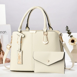 Handtaschen-Set aus cremefarbenem PU-Leder mit Kieselstruktur und Schultergurt