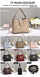Detailed size chart of textured women handbag with dimensions and eight color options