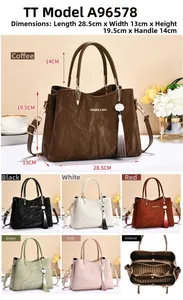 Detail view of leather handbag with dimensions 28.5x13x19.5cm and color options