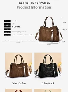 Infographic showing textured PU leather handbag dimensions and internal pocket structure