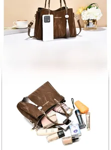 Brown textured tote bag capacity display showing umbrella, wallet and cosmetics inside