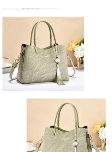 Detail of light green leather handbag with marble texture and white flower tassel