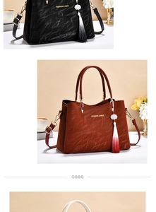 Detailed close-up of textured leather handbags with flower charms and fringe tassels