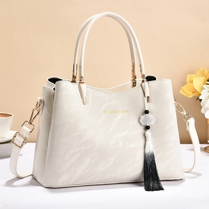 Women PU Leather Handbag Elegant Marble Texture Shoulder Bag With Tassel Flower Charm Versatile Large Capacity Fashion Tote
