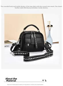 Detail view of black vintage PU leather handbag with wide geometric fabric shoulder strap