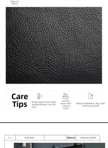 Detail of black lychee grain leather texture and bag care instructions guide