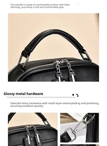 Detail of lychee pattern leather, glossy hardware, and reinforced top handle of the bag