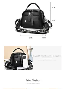 Size comparison and dimensions of a black leather handbag with geometric strap
