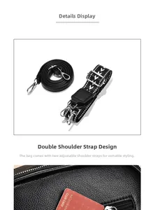 Detail of black pebbled leather bag with detachable solid and patterned shoulder straps