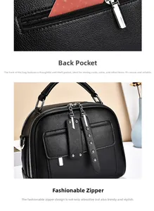 Detail of black pebbled leather handbag with anti-theft back pocket and metal zipper