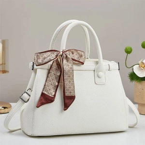 Women Elegant PU Leather Tote Bag Lychee Grain Handbag With Decorative Satin Scarf Top Handle Shoulder Bag For Commuting Office Daily Use