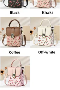 Close-up of stylish mini crossbody bags in five colors with cherry print and metal clasp