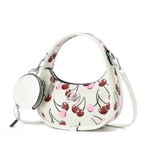 Women PU Leather Cherry Print Half Moon Shoulder Bag With Round Coin Purse Retro Fashion Crossbody Hobo Bag