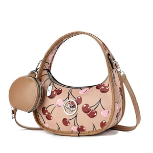 Beige cherry print half-moon crossbody bag with swallow logo and coin purse