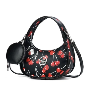 Classic black half-moon hobo bag with red cherry pattern and detachable small coin purse