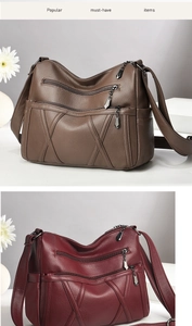 Détail de sacs bandoulière en cuir multicouches en marron et bordeaux à texture lychee