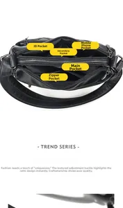 Détail de l'intérieur du sac en cuir noir montrant 5 compartiments de rangement organisés