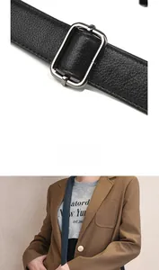 Détail de la bandoulière en cuir noir avec boucle argentée et vue du sac porté en travers