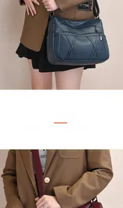 Détail de sacs bandoulière en cuir bleu marine et bordeaux avec plusieurs poches zippées