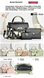 Three-piece women bag set with floral print detail and swan metal ornament in five colors