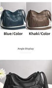 Détails du sac à bandoulière en cuir souple multi-poches en bleu, kaki et noir chic