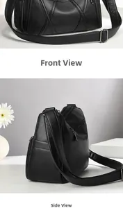 Vue détaillée de face et de profil d'un sac bandoulière noir en cuir synthétique grainé