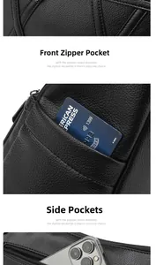 Détails du sac en cuir noir grainé montrant la poche zippée et le compartiment latéral