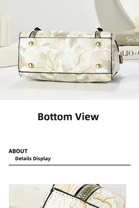 Macro detail of floral pattern handbag showing protective gold base studs and quality finish