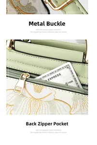 Detail of light green bag with floral embroidery, swivel hooks and back zipper pocket