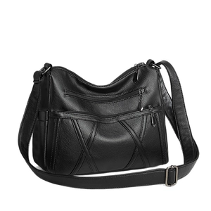 Sac à bandoulière en cuir noir pour femme avec fermetures éclair multiples et grand volume