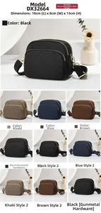 Detail view of multi-compartment nylon crossbody bag showing 18x8x15cm dimensions and colors
