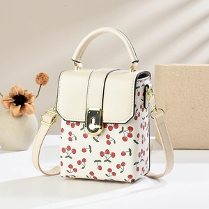 Women Cherry Print Small Bucket Bag PU Leather Crossbody Handbag With Metal Lock Vintage Sweet Style Square Shoulder Bag