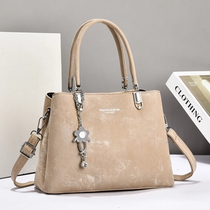 Women Vintage PU Leather Handbag Frosted Texture Shoulder Bag With Flower Pendant Adjustable Strap Top Handle Tote