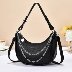 Litchi Grain PU Leather Crescent Hobo Bag With Double Metal Chain Chic Solid Color Shoulder Crossbody Bag For Women