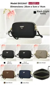 Detailed view showing dimensions 20x5x14cm and three zipper compartments on the crossbody bag