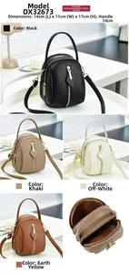Detail view of mini pebbled leather crossbody bags in four colors with size dimensions