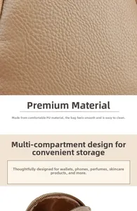 Detail of khaki pebbled PU leather texture and multi-compartment interior storage design