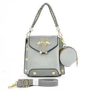 Grey crocodile pattern handbag set with gold flamingo clasp and round coin purse charm