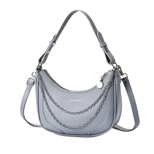 Dusty blue hobo shoulder bag with litchi texture leather and silver double chain details
