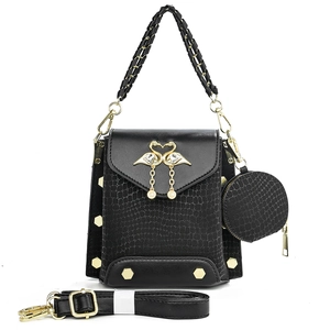 Women Crocodile Pattern PU Leather Handbag Crossbody Bag And Round Coin Purse Rhinestone Flamingo Buckle Rivet Woven Handle
