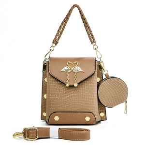 Khaki crossbody bag set with crocodile pattern, swan buckle and round coin purse