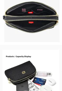 Vue détaillée du sac à bandoulière matelassé noir avec compartiments zippés et rangement