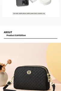 Sac bandoulière matelassé à double zip montrant la capacité pour téléphone et maquillage