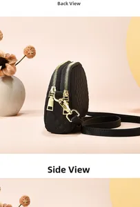 Vues arrière et latérale d'un sac de téléphone noir matelassé avec deux zips dorés