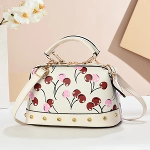 Cherry Print PU Leather Handbag For Women With Rivet Decor Top Handle Shoulder Crossbody Bag Retro Street Fashion