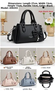 Litchi pattern PU leather handbag showing six colors and detailed size dimensions