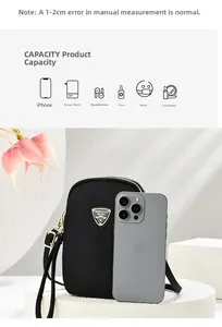 Detail view of black fabric mini crossbody bag capacity compared to iPhone and daily items